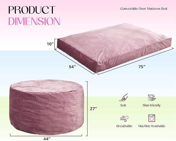 Hobestluk Giant Bean Bag Chair Bed for Adults, Large Bean Bags with High-Density Foam Filling, Convertible Big Sofa Bed Couch for Living Room, Bedroom, Playroom (Pink, Full)