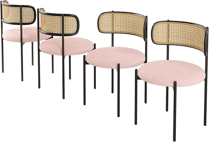 Farini Modern Upholstered Dining Chairs Set of 4,Rattan Back Dining Room Chairs,Accent Kitchen Chairs with Metal Legs,Pink