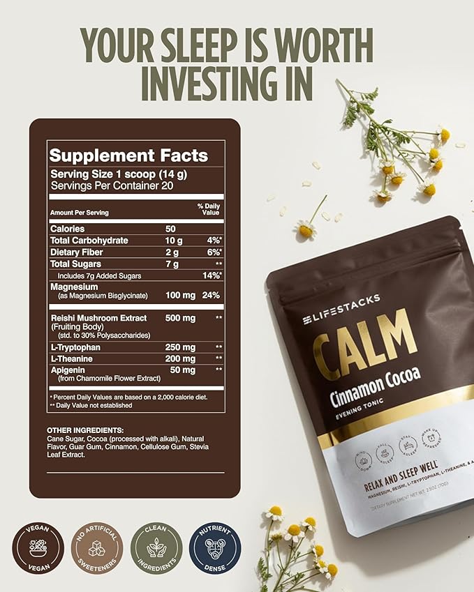 Lifestacks Calm Evening Tonic Sleep Powder - Cinnamon‑Cocoa Nighttime Superfood Drink Mix - Magnesium, L‑Theanine, Reishi Mushroom & L‑Tryptophan for Deep Sleep & Recovery, No Grogginess - 20 Servings