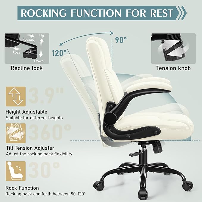 Leather Office Chair, PU Home Computer Desk Chairs with Ergonomic Back Support, 360°Swivel Free, Small Gaming Chair with Wheels and Adjustable Armrests, for Short People Use