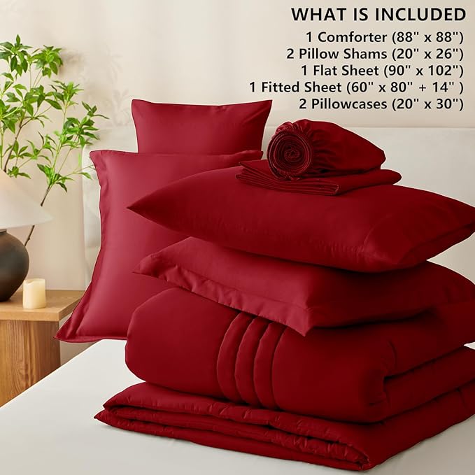 CozyLux Queen Comforter Set - 7 Pieces Bed in a Bag Dark Red Comforter Set with Sheets Luxury Bed Set All Seasons, Soft Bedding Set with Down Alternative Comforter, Sheets, Pillowcases & Shams