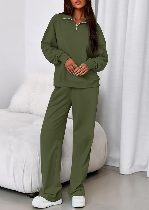 PRETTYGARDEN Womens Casual Two Piece Sets Fall 2026 Outfits Quarter Zip Sweatshirts Straight Leg Pants Sweatsuits Tracksuit