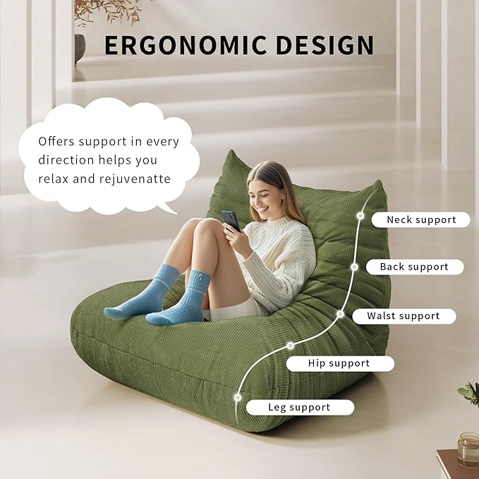 Bean Bag Chair for Adults Fireside Floor Lazy Loveseat Sofa Couches Corduroy Cozy Sofas with Ergonomic Design Memory Foam Lounger Couch for Dorm, Apartment and Gaming Venue,Olive Green