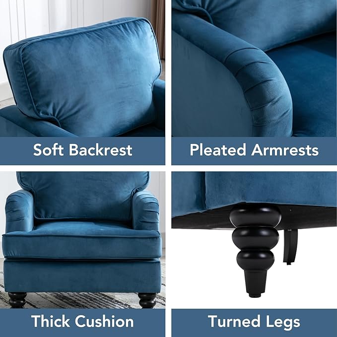 chairus Mid Century Modern Velvet Accent Chair, Vintage Club Armchair with Firm Supportive Seat & Soft Backrest, Comfy Single Sofa Reading Chair for Living Room Bedroom Apartment, Blue