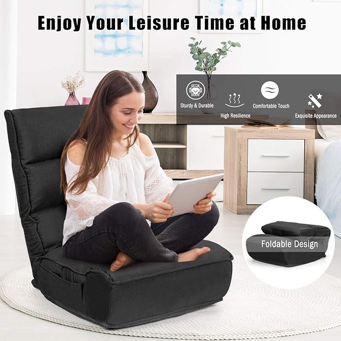 DORTALA Foldable Floor Chair for Adults, Memory Foam Gaming Chair w/ 5-Position Adjustable Head and Back Support, Indoor Seat for Bedroom, Living Room, Gaming Room, Black