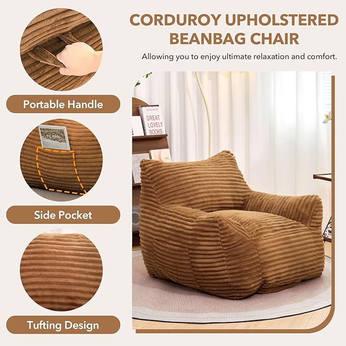 Giant Bean Bag Chair for Adults, Corduroy Upholstered Beanbag Chair with Side Pocket, Comfy Bean Bag Sofa with Portable Handle, Floor Sofa Chair for Bedroom (Brown)