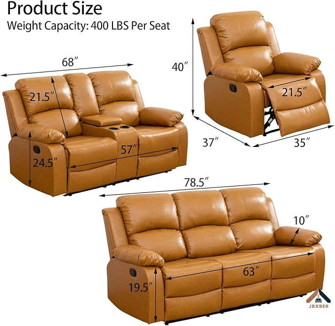 JBXBER Manual Recliner Sofa Set for Living Room, Leather Reclining Sofa Sets, Faux Leather Couch Set with Cup Holders, Drop-Down Table and Storage Console(Loveseat,Ginger)