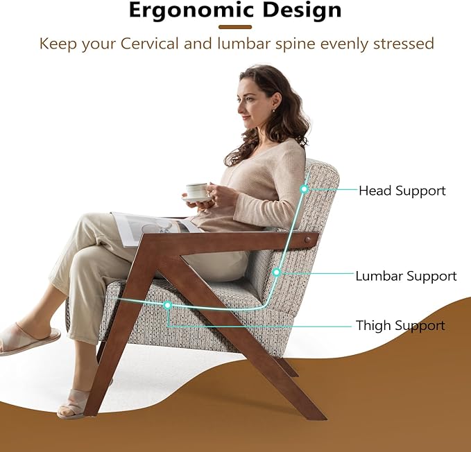 Bonzy Home Mid-Century Modern Accent Chair with Solid Wood Frame, Upholstered Armchair for Bedroom & Living Room,Reading Side Chair with Soft Lien Fabric Cushion,Easy Assembly