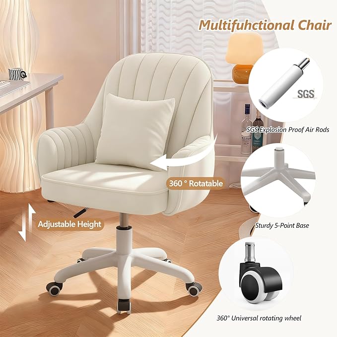 WXJHL Home Office Chair Velvet Vanity Chairs Cute Makeup Desk Chair with Wheels Mid Back Computer Chairs Height Adjustable Small Swivel Rolling Task Chair
