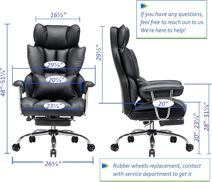 Efomao Big and Tall Office Chair with Foot Rest 400LBS, PU Leather Computer Chair, Heavy Duty Executive Office Chair with Lumbar Support, Black Home Office Chairs