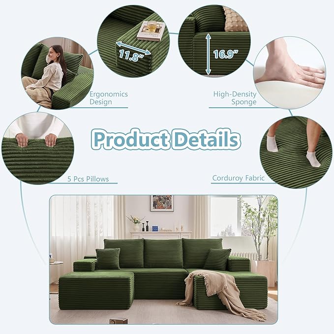 107" W Cloud Sectional Couch with Ottoman,Modern U-Shaped Cloud Couch with Deep Seat,Comfy Corduroy 3-Seater Sofa,Memory Foam Sofa for Living Room,No Assembly (Green,Right-Facing Chaise)