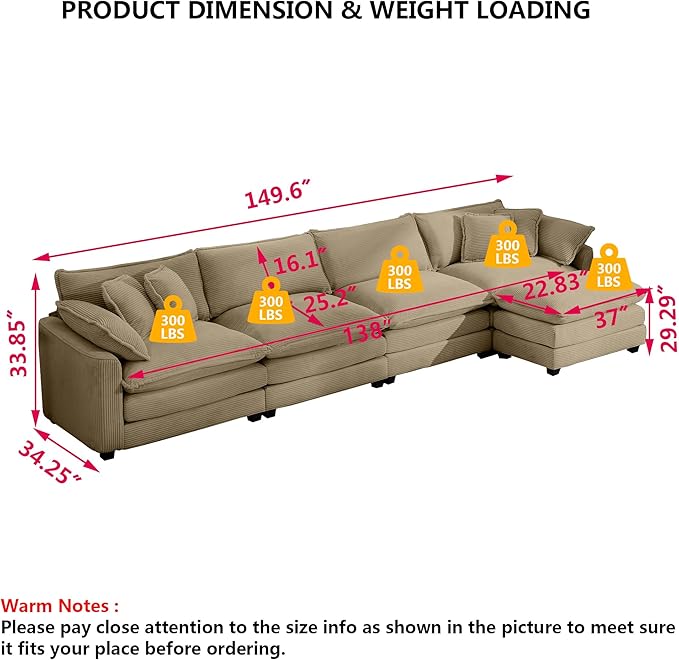 Aoowow Corduroy 4 Seater Cloud Couch with Ottoman,Modern Cloud Couches for Living Room,Modular Sectional Cloud Sofas with Deep Seat,Oversized Tufted L-Shaped Sofa Set (Tan, 4 Seater + 1 Ottoman)