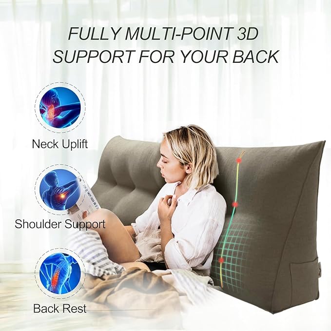 WOWMAX 80% Cotton & 20% Linen Blend Headboard Pillow – Queen Size Reading Wedge Backrest for Bed, Handmade Firm Support Bolster Cushion with Removable Cover, Premium Bed Rest Pillow, Light Gray