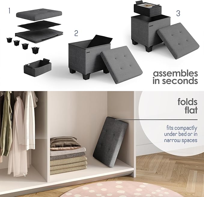Storage Ottoman Cube with Small Bin, 16-in Square Ottoman with Storage for Living Room and Bedroom, Small Ottomans Foot Rest, Fabric Foot Stools Ottomans Max 330lbs, Grey