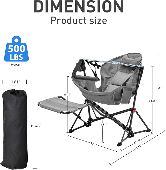 GDY Patio Camping Chairs, Oversized Hammock, Folding Rocking Chairs, Adjustable Back Swing Chairs, Cup Holder, Outdoor Beach Lawn, Gray