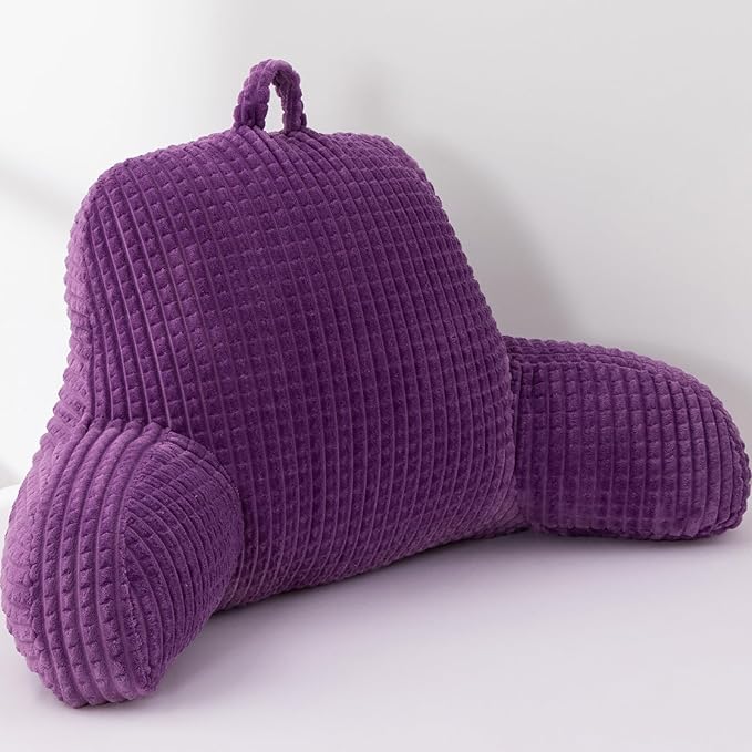 A Nice Night Reading Pillow Bed Wedge Large Adult Children Backrest with Arms Back Support for Sitting Up in Bed/Couch for Lounging Bedrest,Waffle Stereoscopic Design,Purple