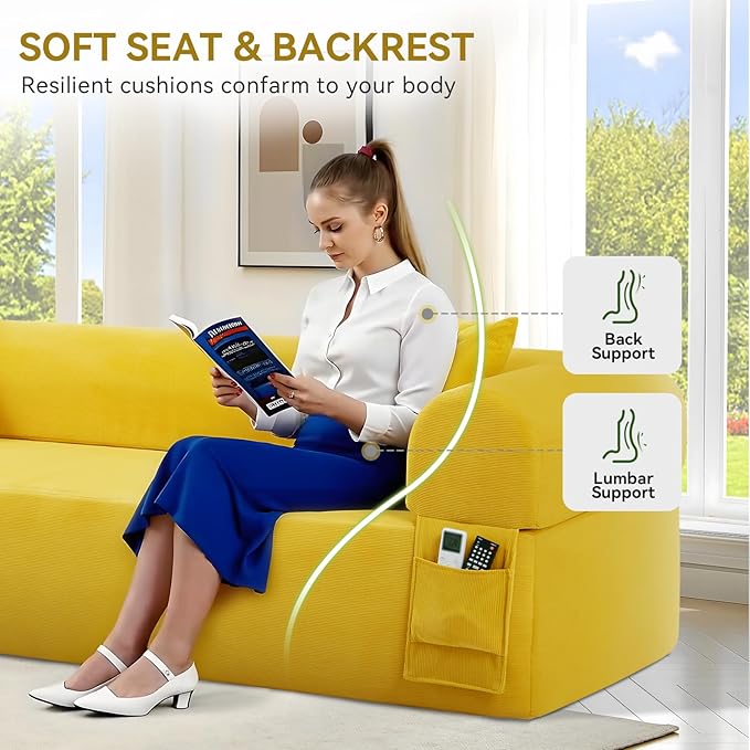 83" Boneless Couch, 3 Seater Sofa with 2 Matching Pillows Compact Corduroy Couches for Living Room Side Storage Pockets, Floor Sofa with Removable Armrests, No Assembly Required, Yellow