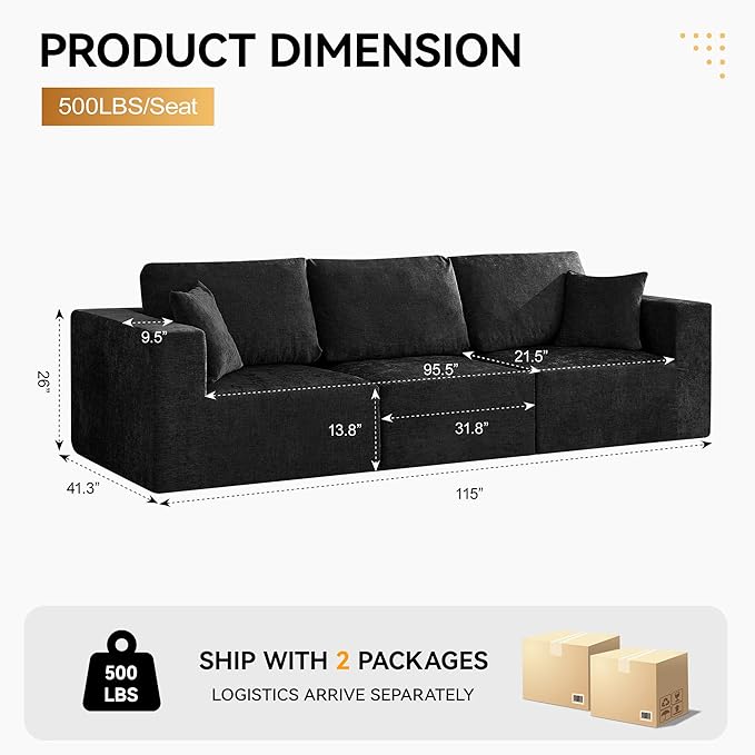 115'' Comfy Boneless Couch, Upholstered Deep Seat Modular Cloud Sofa, No Assembly Chenille Compression 3 Seater Sofa Couch for Living Room, Black