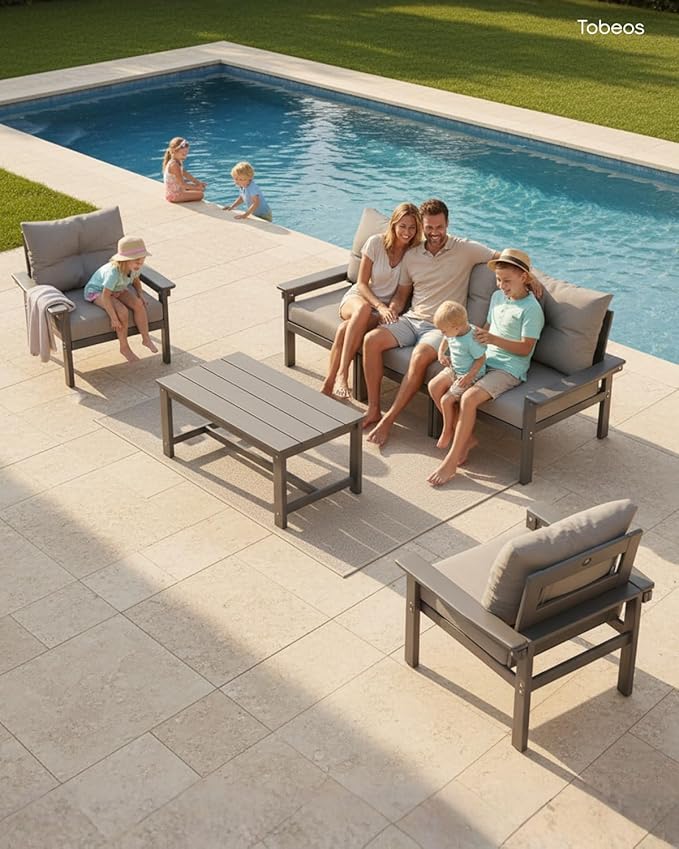 HDPE 3 Piece Patio Furniture Set, All-Weather Outdoor Couch Bistro Set with Thick Cushions, Patio Conversation Sets for Lawn, Garden, Porch, Balcony, Deck, Poolside, Grey