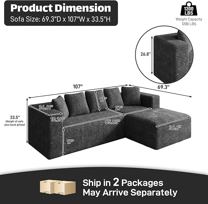 Modular Sectional Sofa, 107" L Shaped Cloud Couch Plush Corduroy Deep Seat Boneless Sofas with 5 Pillows Long Chaise Lounge Couches Memory Foam for Living Room - Dark Grey, Right Facing Chaise