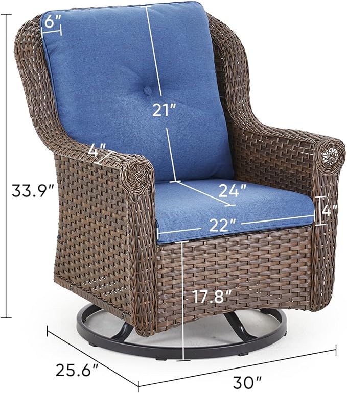 ACTREST Patio Chairs Outdoor Swivel Glider - Set of 4 High Back Outside Brown Wicker Rattan Rocking Chair with Thick Cushion for Porch Apartment Deck Yard Poolside Garden - Navy Blue