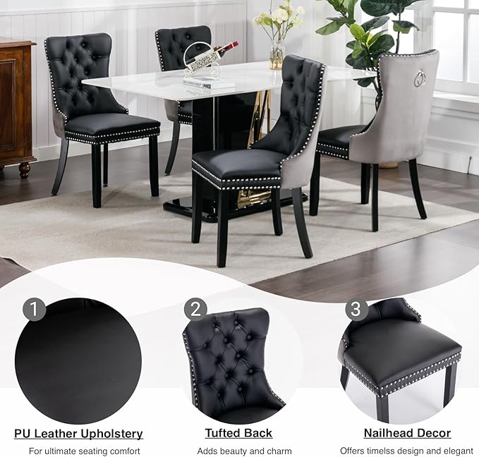 YeahFurn Modern Dining Chairs Set of 2, Tufted Upholstered Dining Room Chairs with Nailhead, PU Leather Front & Velvet Back, Solid Wood Legs, Kitchen Chairs, Sillas de Comedor (Black & Gray)