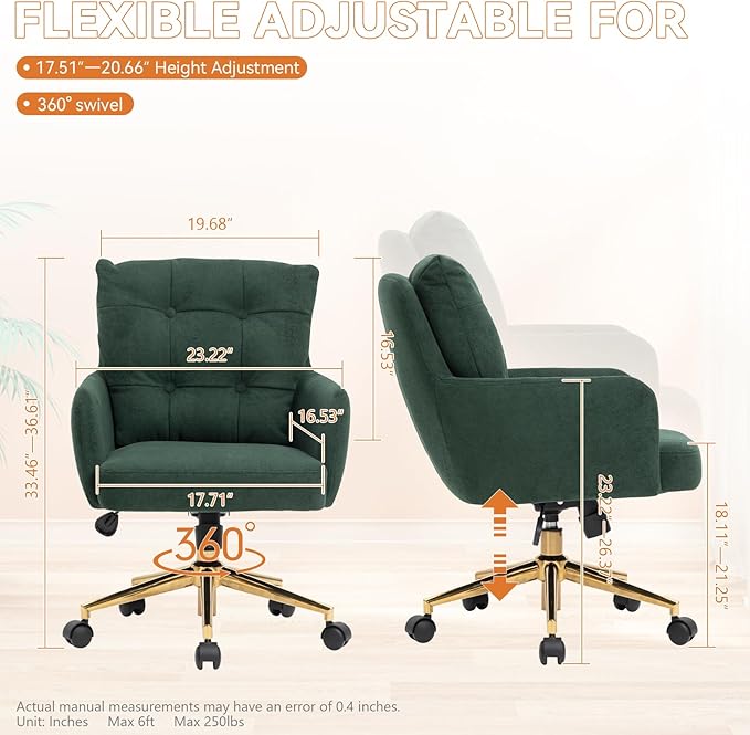BALIAA Flannel Office Chair, Comfy Home Office Desk Chairs with Lumbar Support, Modern Velvet Desk Chair Gold Legs Small Swivel Task Chair for Home Office, Bedroom, Study (Green, L)