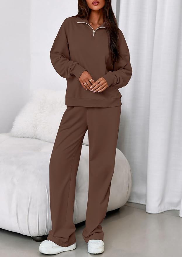 PRETTYGARDEN Womens Casual Two Piece Sets Fall 2026 Outfits Quarter Zip Sweatshirts Straight Leg Pants Sweatsuits Tracksuit