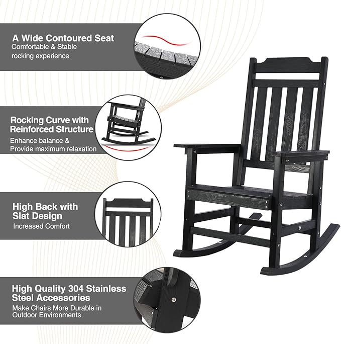 hOmeQomi Rocking Chairs Set of 2, All Weather Resistant Poly Lumber Outdoor Porch Rocker, Rocking Chairs for Outdoor, Indoor, Patio, Deck, Garden, Backyard, Load Bearing 380 lbs - Black