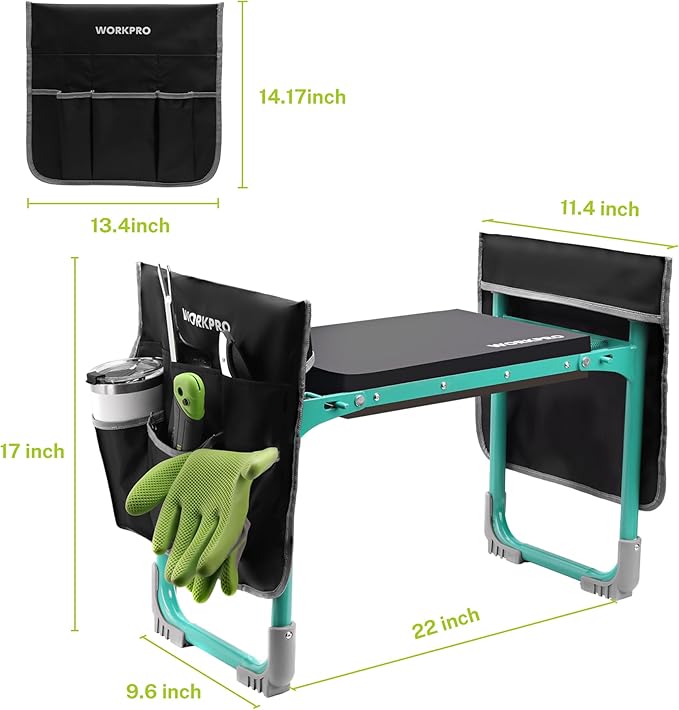 WORKPRO Garden Kneeler and Seat, 10" Wider Heavy Duty Foldable Gardener Stool with 2 Tool Bag Pouchs, NBR & EVA Foam Pad, Outdoor Portable Kneeler Bench for Gardening
