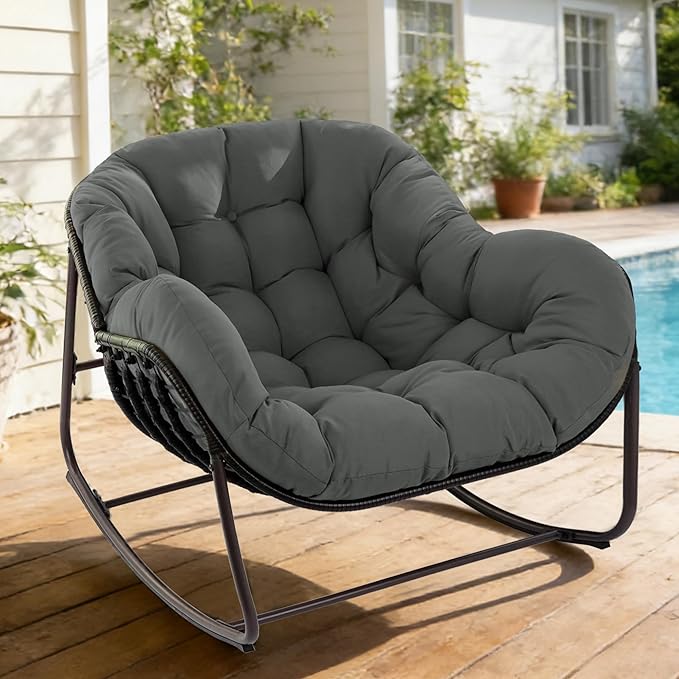 Sgentle Papasan Rocking Chair Outdoor, Oversized Patio Rocking Chair with Cushions & Steel Frame, Wicker Egg Lounge Chair Indoor, Comfy Reading Chair for Patio, Deck, Porch (Grey, Style 1)