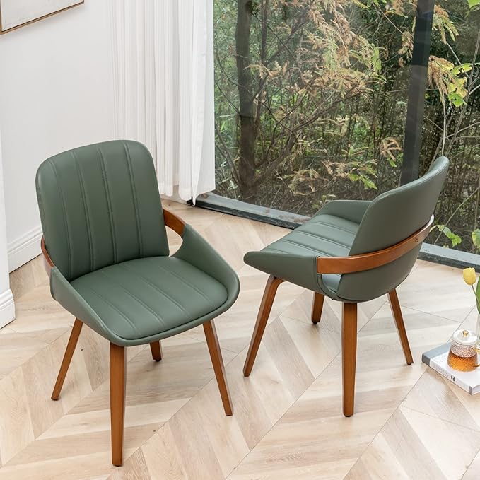 YOUUGIOR Mid Century Modern Faux Leather Upholstered Dining Room Chairs,Armless Accent Chairs with Sturdy Natural Wood Legs,Bamboo Backrest Support for Kitchen&Dining Room Chairs(1PCS,Green)