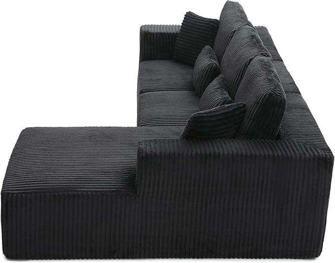 HYJT-H&K Modular Sectional Sofa Cloud Sectional Couch, 107" Comfy Fluffy L Shaped Dark Black Couches for Living Room, Deep Seat Memory Foam Plush Corduroy Boneless Couch Sectionals Right Facing Chaise