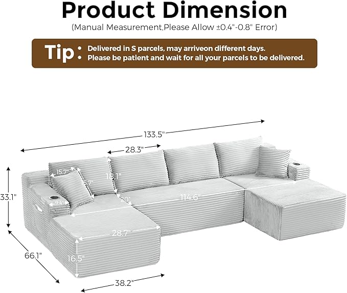 130" Oversized Cloud Boneless Sofa Couch with Chaise, Modern Corduroy Modular Sectional Sofa with Deep Seat, Comfy Couch with cupholders and Storage, No Assembly Required-Light Grey