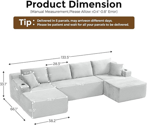 130" Oversized Cloud Boneless Sofa Couch with Chaise, Modern Corduroy Modular Sectional Sofa with Deep Seat, Comfy Couch with cupholders and Storage, No Assembly Required-Light Grey