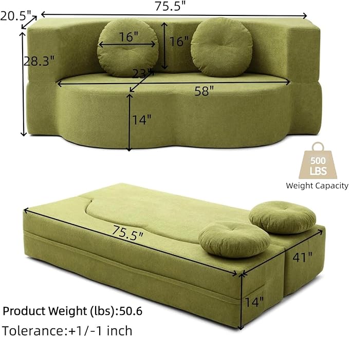 76" Convertible Folding Sofa Bed, 2-in-1 Twin Size Loveseat Sleeper Couch Bed with Two Pillows, Foldable Space-Saving | Design for Dorms Apartments Bedroom& Living Room,No Assemble(Green)