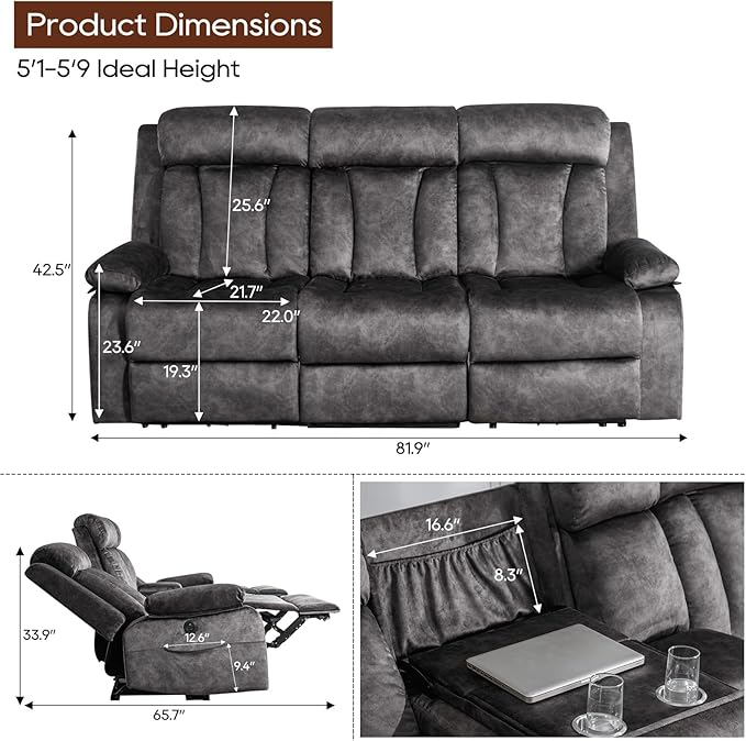 GUEAPY 3 Seater Power Reclining Sofa with Heat & Massage, Drop Down Table with Cup Holders, USB & Type-C Ports, Dutch Velvet Recliner Couch for Living Room, Home Theater & RV, Independent Controls