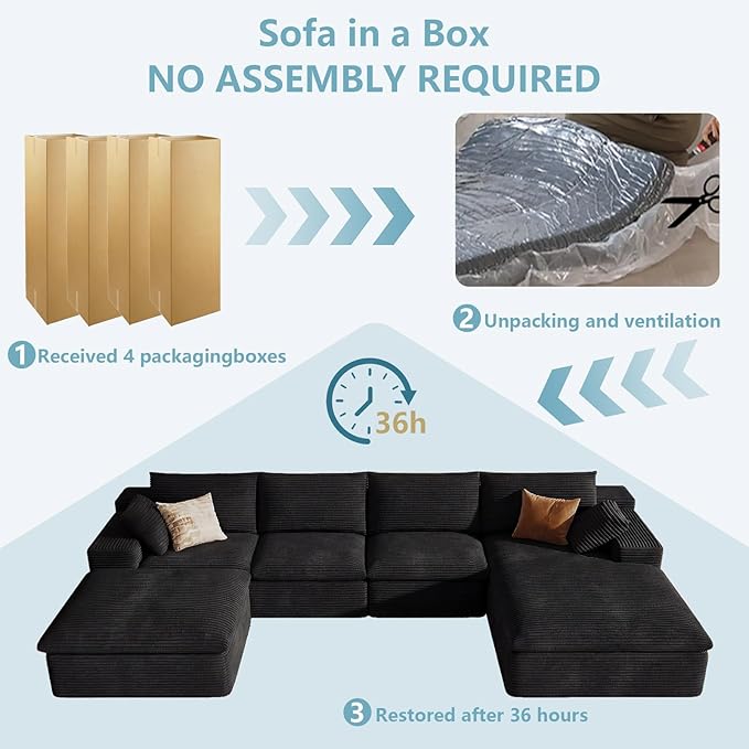 136" Cloud Sectional Couch with U-Shaped Chaise,Corduroy Viral Boneless Sofa with Ottoman,Memory Foam Couches in a Box with Deep Seat for Living Room,No Assembly Required (Black,Right-Facing Chaise)