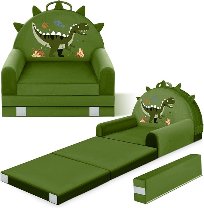 ORWIPO Dinosaur Kids Sofa Bed with Removable Washable Cover & Hook and Loop Backrest – Foldable Toddler Chair, Cozy Crystal Velvet Furniture for Playtime, Naps & Travel (Dark Green, Dino Design)