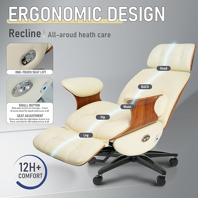 Genuine Leather Office Chair with Electric Reclining, Footrest, Lifting and Massage Function, 350lbs Capacity Ergonomic Executive Chair with Alu Base and 360° Wheels for Home Living Room