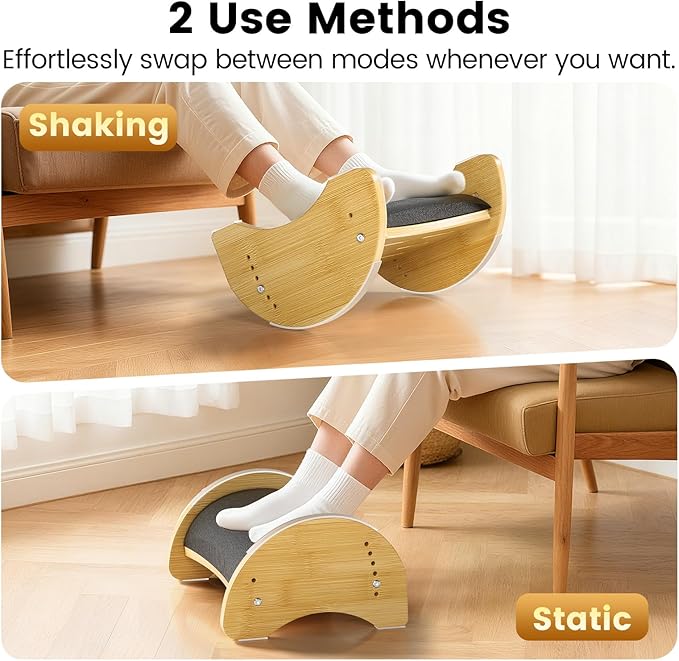 Bamboo Ergonomic Footrest Under Desk, Adjustable Rocking Foot Rest with Cushion, 6 Height Levels, Non-Slip Wooden Foot Rest for Office & Home Work