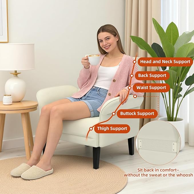 Modern Faux Leather Accent Sofa, Symmetrical Shawl Armchair with Wide Armrests & Wooden Legs, Beige Sofa Chair for Living Room, Apartment, Office