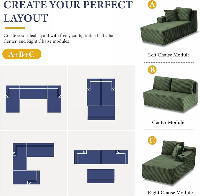133" Sectional Couches for Living Room Cloud Couch Sofa with L-Shape Upholstered Boneless Couchs Modern Modular Sectional Couch with Chaise (Green, 133" W+U Facing Chaise)