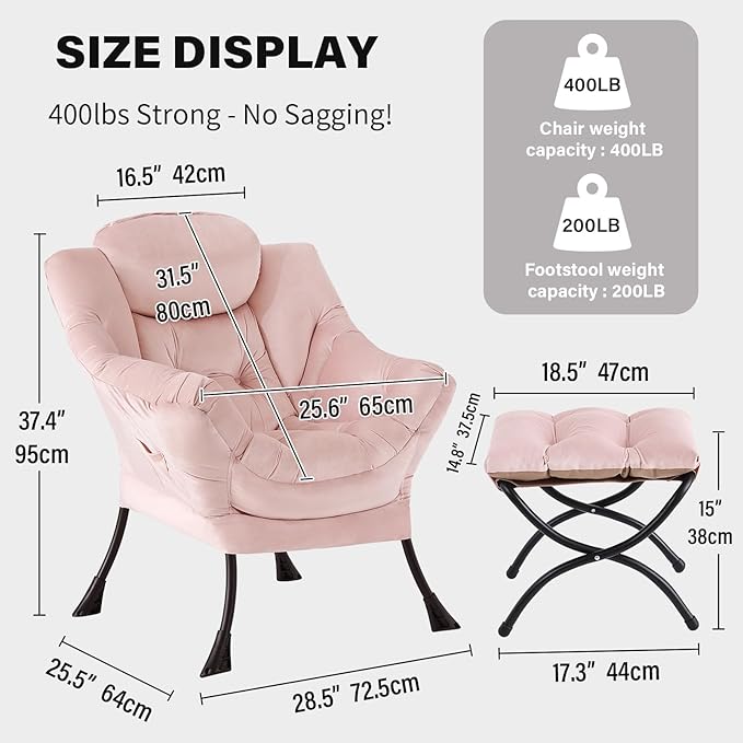 Tiita Lazy Chair with Ottoman, Pink Chair Modern Large Accent Lounge Armchair, Comfy Leisure Sofa Reading Chair with Footrest for Bedroom, Living Room, Dorm Rooms, Garden and Courtyard, Velvet Pink