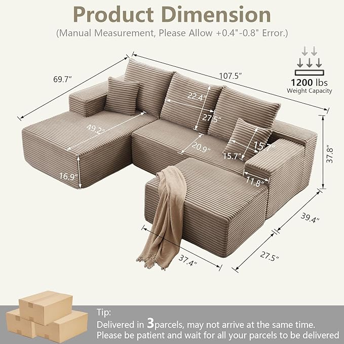 Lakifun 107" L-Shape Sofa with Ottoman, Modern Modular Sectional Comfy U-Shape Cloud Couch, Deep Seat, Upholstered Corduroy Sleeper Chaise Longue for Living Room Bedroom, No Assembly Required, Camel
