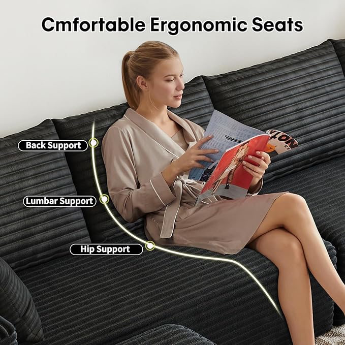 139.4" Modular Sectional Sofa, L-Shaped Minimalist Couches with Ottoman Chaise, Modern Deep Seat Convertible Sleeper Sofa,Cloud Plush Corduroy Fabric, No Assembly Required, 5 Seater, Black