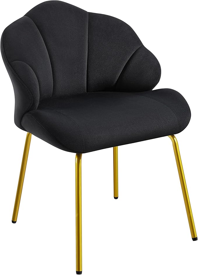 Yaheetech Vanity Chair, Velvet Accent Chair with Shell-Shaped Backrest, Modern Armchair with Gold Metal Legs for Dressing Room/Bedroom/Living Room, Black