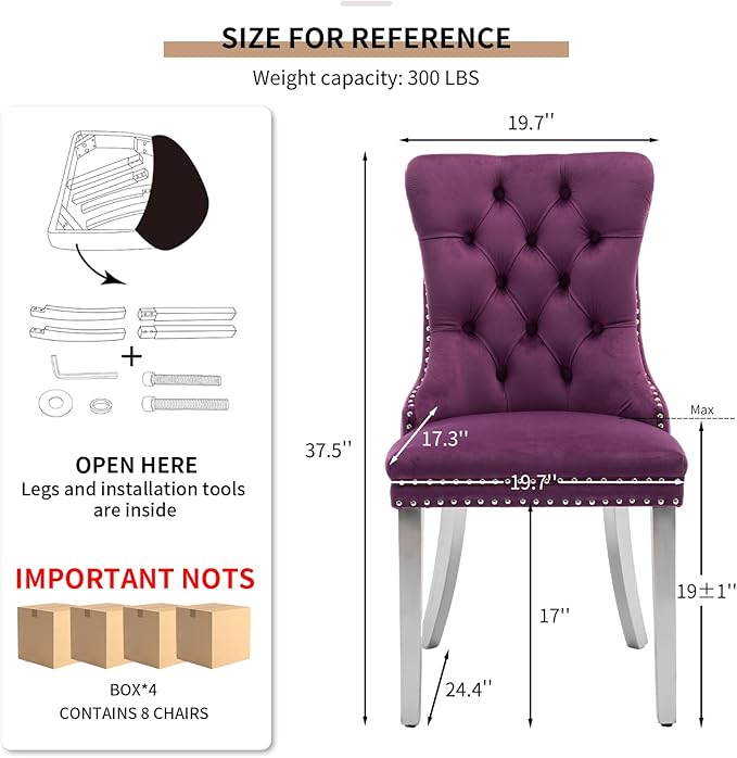 YeahFurn Mid Century Modern Dining Chairs Set of 8, Purple Velvet Upholstered Tufted Back, Kitchen & Dining Room Chairs, Brushed Silver Metal Legs, Nailhead Trim, Sillas para Comedor (Purple, 8 Pcs)