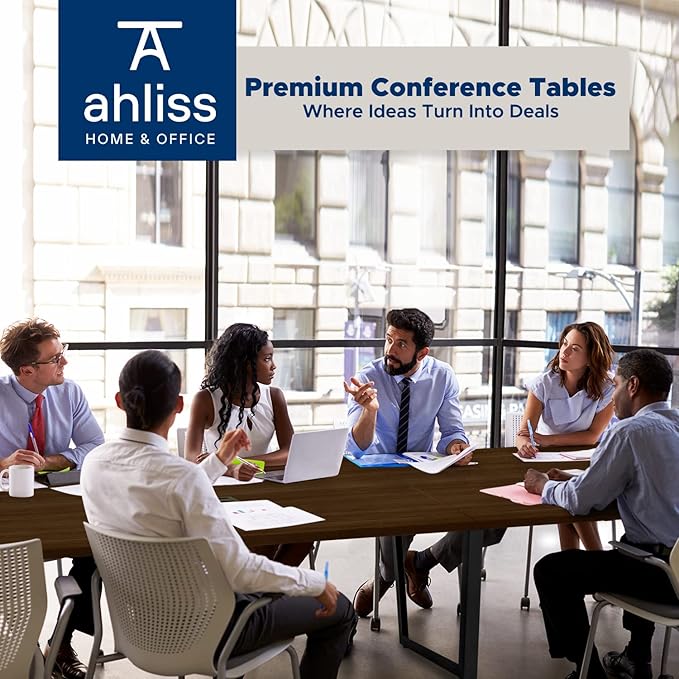 ahliss Sturdy Conference Table with Cable Management Grommets Modern Rectangle Office Meeting Table with Wood Tabletop and Metal Frame & Legs- Easy Assembly Boardroom Table (Dark Brown, 12 Foot)