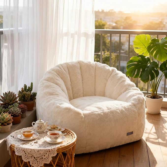 Big Bean Bag Chairs for Adults Giant Sofa with Faux Fur Shell-Shaped Beanbag Couch, Stuffed Large Bean Bag Floor Chair for Living Room, Beanbags Reading Chair for Bedroom Single Sofa(L-White)